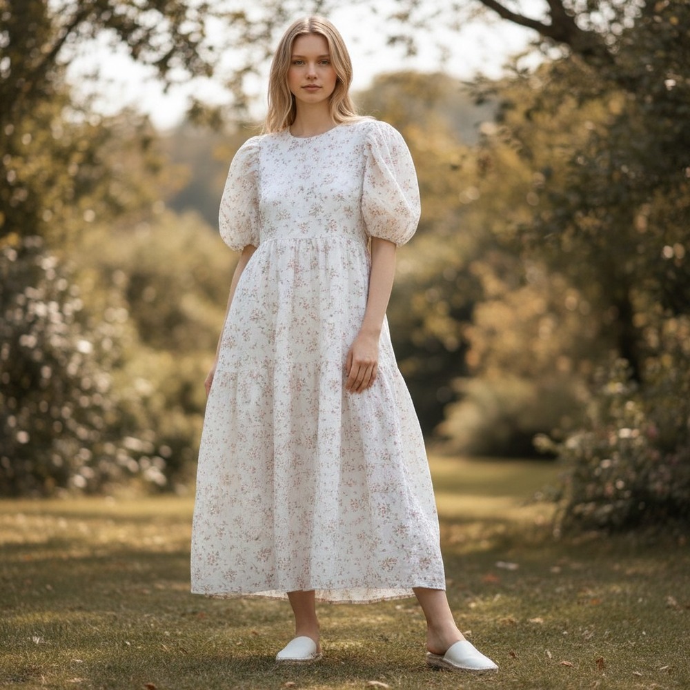 One Loved Babe Midi Dress Women's M White Pink Floral Tiered Puff Sleeve Boho